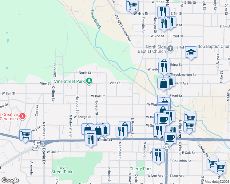 map of restaurants, bars, coffee shops, grocery stores, and more near 505 North Lamar Street in Weatherford