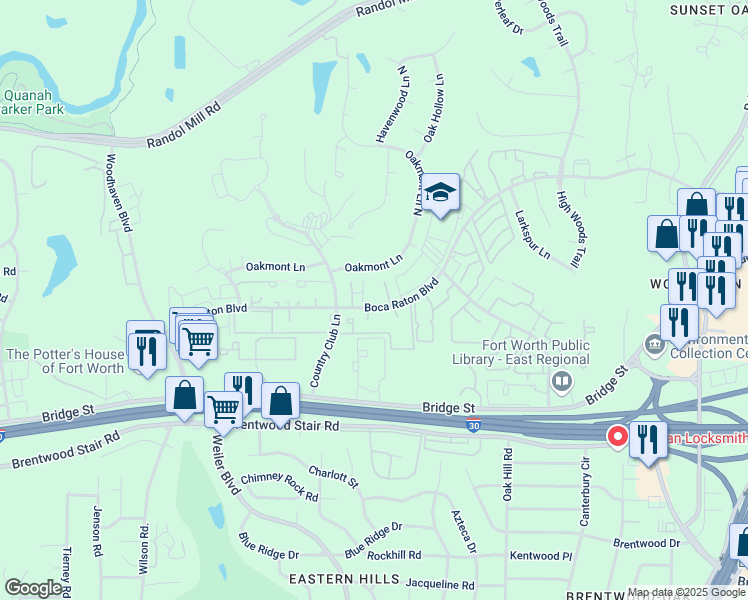 map of restaurants, bars, coffee shops, grocery stores, and more near 5741 Boca Raton Boulevard in Fort Worth