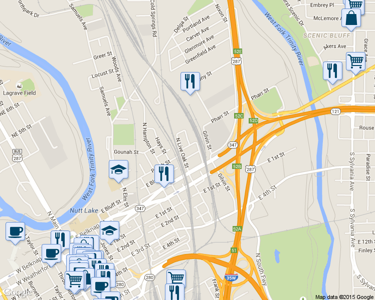 map of restaurants, bars, coffee shops, grocery stores, and more near 1508 E Peach St in Fort Worth