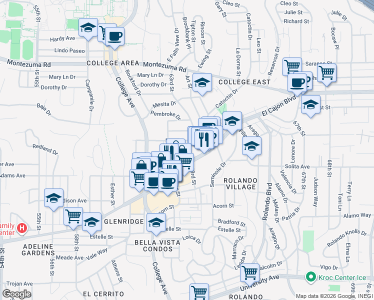 map of restaurants, bars, coffee shops, grocery stores, and more near 4739 63rd Street in San Diego
