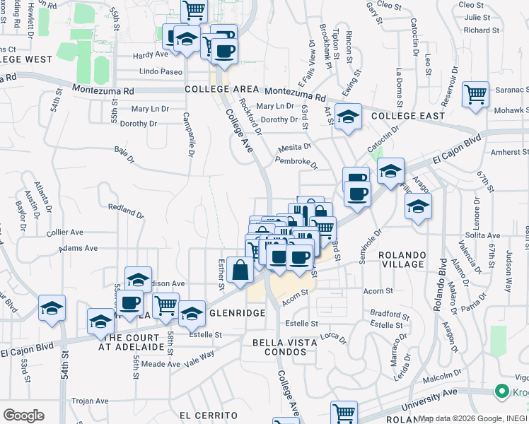 map of restaurants, bars, coffee shops, grocery stores, and more near 4767 Soria Drive in San Diego