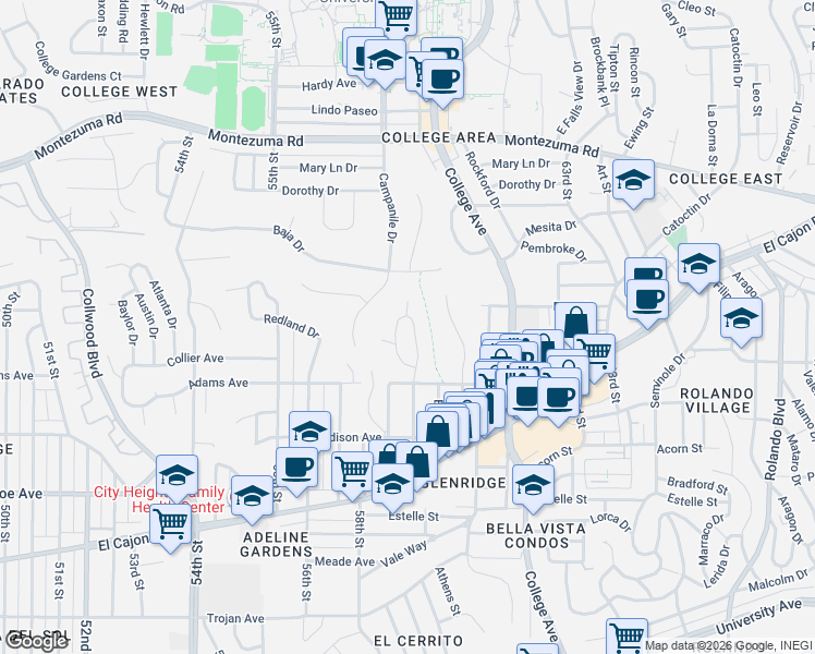 map of restaurants, bars, coffee shops, grocery stores, and more near 4811 59th Street in San Diego