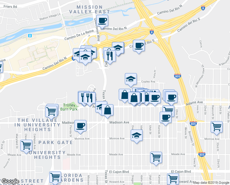 map of restaurants, bars, coffee shops, grocery stores, and more near 4782 Arizona Street in San Diego