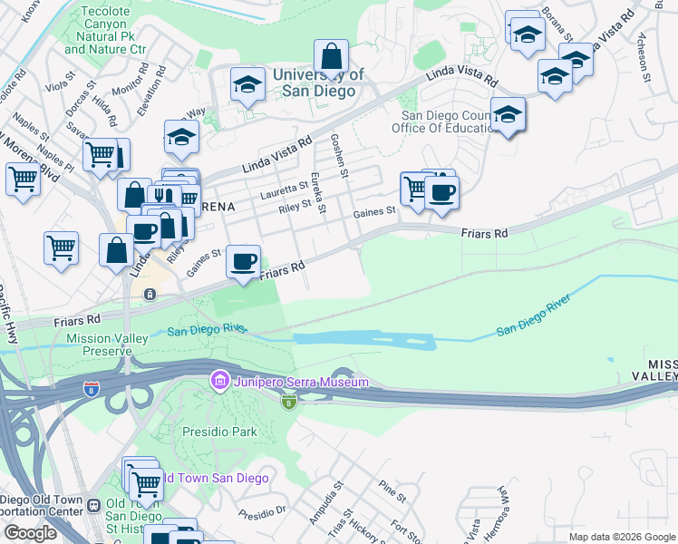 map of restaurants, bars, coffee shops, grocery stores, and more near 5865 Friars Road in San Diego