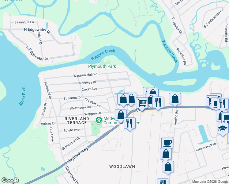 map of restaurants, bars, coffee shops, grocery stores, and more near 2047 Coker Avenue in Charleston