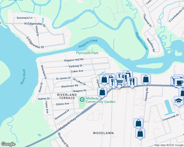 map of restaurants, bars, coffee shops, grocery stores, and more near 2062 Saint James Drive in Charleston