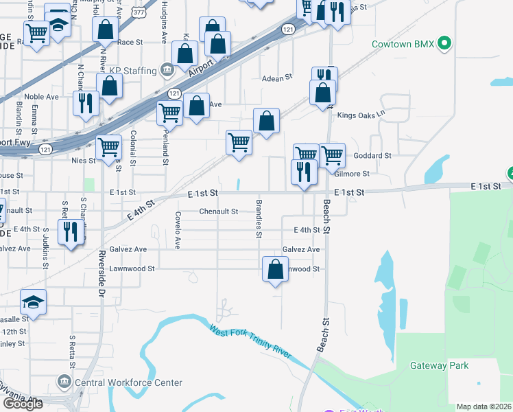 map of restaurants, bars, coffee shops, grocery stores, and more near 3800 East 1st Street in Fort Worth