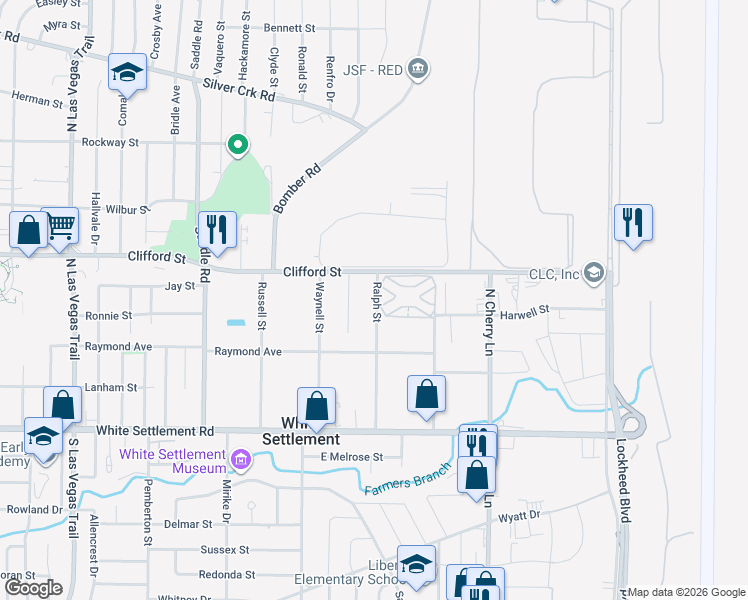 map of restaurants, bars, coffee shops, grocery stores, and more near 412 Blair Street in White Settlement