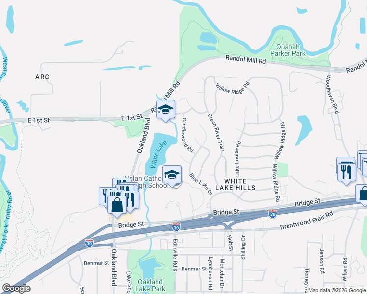 map of restaurants, bars, coffee shops, grocery stores, and more near 704 Candlewood Road in Fort Worth