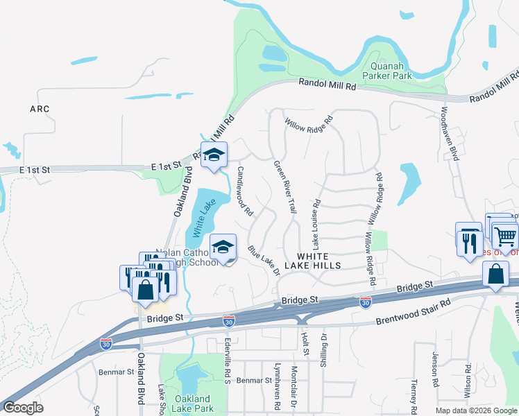 map of restaurants, bars, coffee shops, grocery stores, and more near 701 Blue Lake Drive in Fort Worth