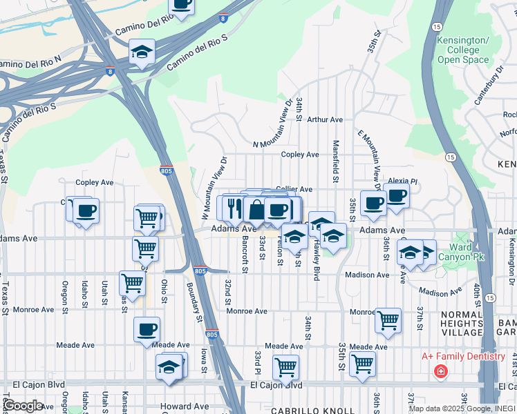 map of restaurants, bars, coffee shops, grocery stores, and more near 4744 1/2 33rd Street in San Diego
