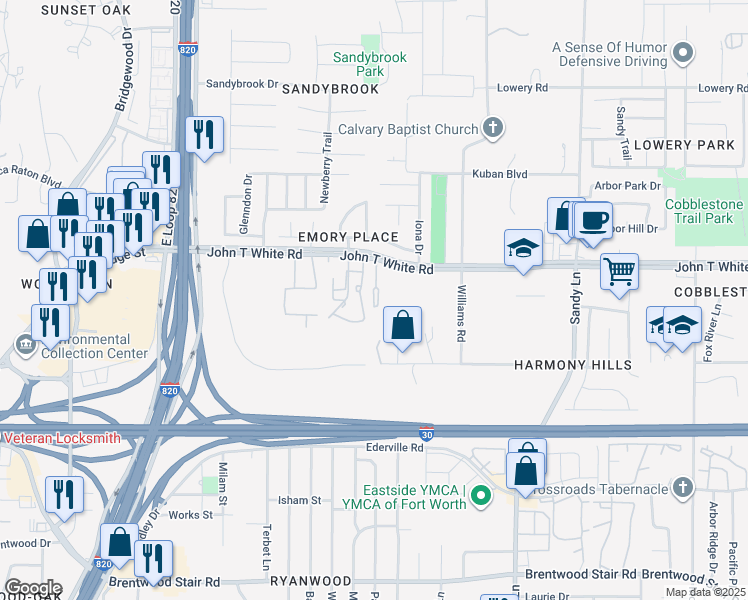 map of restaurants, bars, coffee shops, grocery stores, and more near 1065 Whisper Woods Circle in Fort Worth