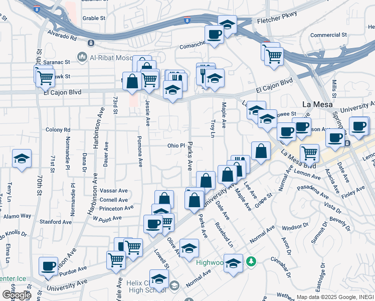 map of restaurants, bars, coffee shops, grocery stores, and more near 4672 Parks Avenue in La Mesa