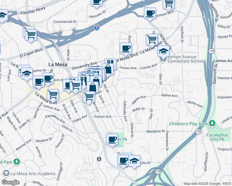 map of restaurants, bars, coffee shops, grocery stores, and more near 4722 Hillcrest Avenue in La Mesa