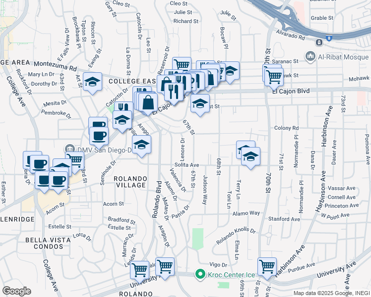 map of restaurants, bars, coffee shops, grocery stores, and more near 4747 Lenore Drive in San Diego