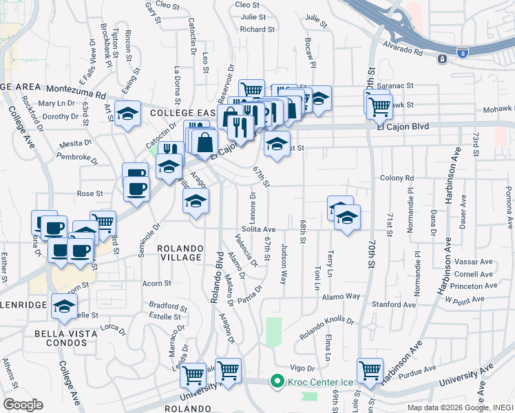 map of restaurants, bars, coffee shops, grocery stores, and more near 4747 Lenore Drive in San Diego