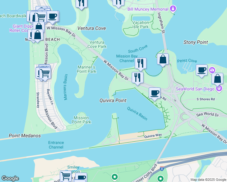 map of restaurants, bars, coffee shops, grocery stores, and more near 1441 Quivira Road in San Diego