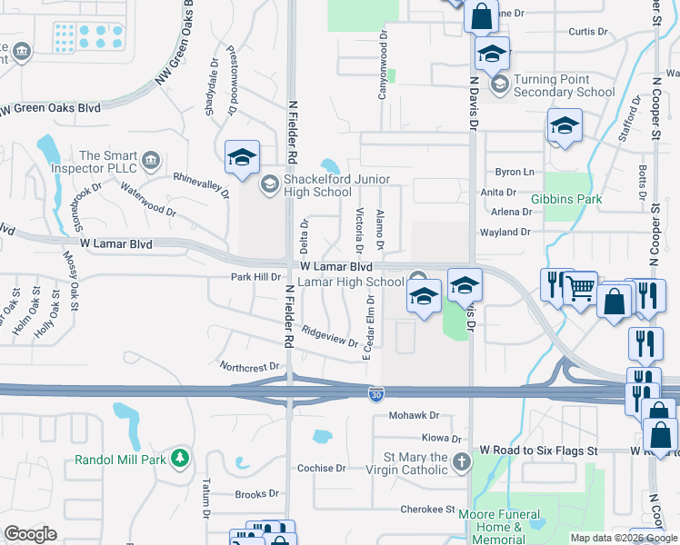 map of restaurants, bars, coffee shops, grocery stores, and more near 1841 East Cedar Elm Drive in Arlington