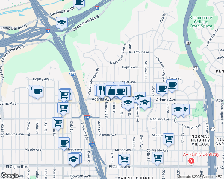 map of restaurants, bars, coffee shops, grocery stores, and more near 4746 33rd Street in San Diego