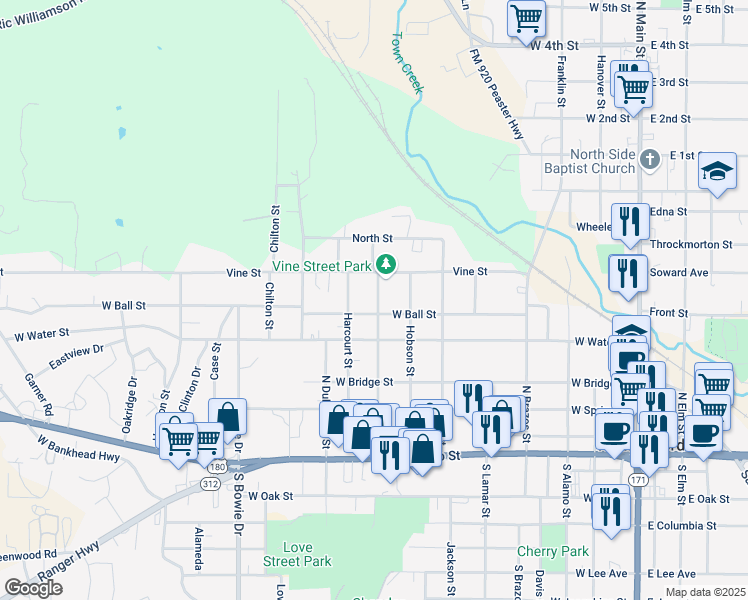 map of restaurants, bars, coffee shops, grocery stores, and more near 507 North Merrimac Street in Weatherford