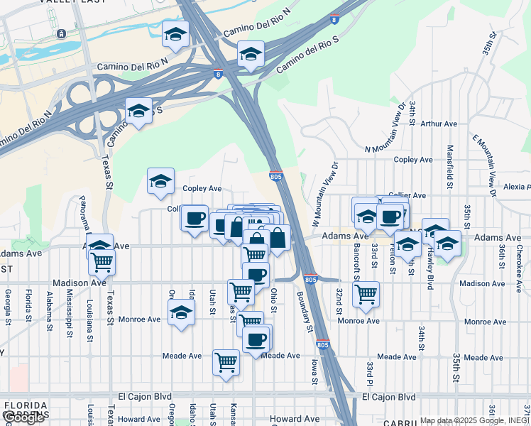 map of restaurants, bars, coffee shops, grocery stores, and more near 3050 Suncrest Drive in San Diego