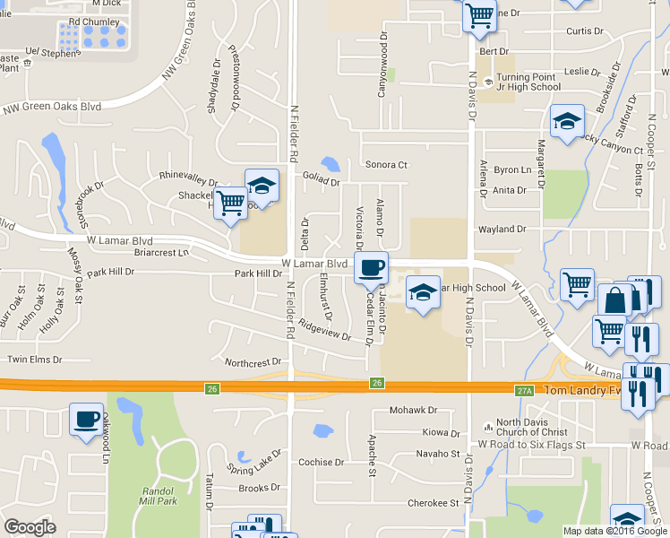 map of restaurants, bars, coffee shops, grocery stores, and more near 1841 East Cedar Elm Drive in Arlington