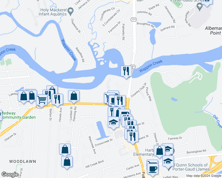 map of restaurants, bars, coffee shops, grocery stores, and more near 18 Wappoo Creek Place in Charleston