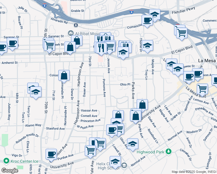 map of restaurants, bars, coffee shops, grocery stores, and more near 4686 Jessie Avenue in La Mesa