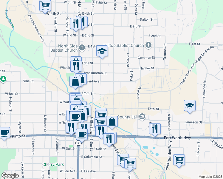 map of restaurants, bars, coffee shops, grocery stores, and more near 507 North Rusk Street in Weatherford