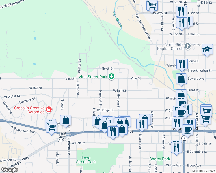 map of restaurants, bars, coffee shops, grocery stores, and more near 507 North Merrimac Street in Weatherford