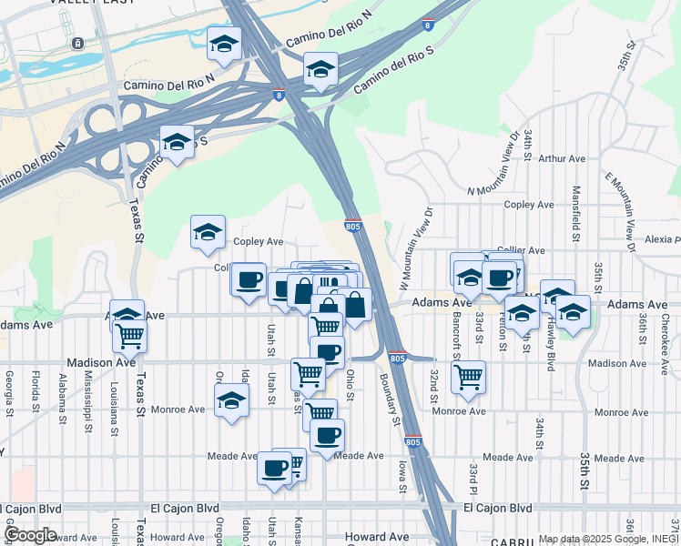 map of restaurants, bars, coffee shops, grocery stores, and more near 3050 Suncrest Drive in San Diego