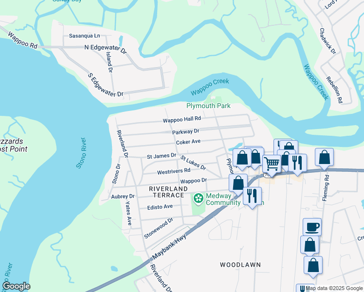 map of restaurants, bars, coffee shops, grocery stores, and more near 2127 Coker Avenue in Charleston