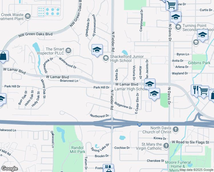 map of restaurants, bars, coffee shops, grocery stores, and more near 1705 Park Hill Drive in Arlington
