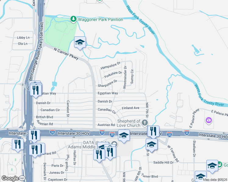 map of restaurants, bars, coffee shops, grocery stores, and more near 1702 Manchester Drive in Grand Prairie