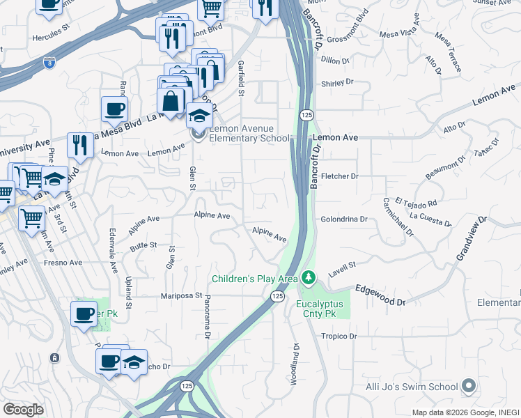 map of restaurants, bars, coffee shops, grocery stores, and more near 8939 Highfield Avenue in La Mesa
