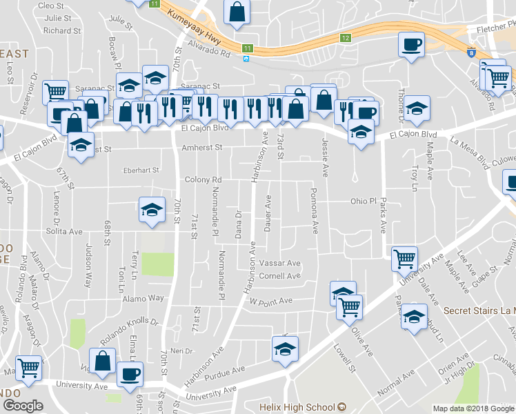 map of restaurants, bars, coffee shops, grocery stores, and more near 4719 Harbinson Avenue in La Mesa