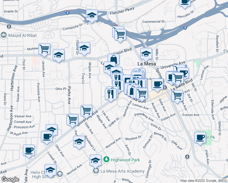 map of restaurants, bars, coffee shops, grocery stores, and more near 7940 University Avenue in La Mesa