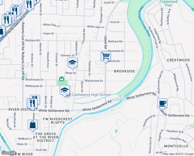 map of restaurants, bars, coffee shops, grocery stores, and more near 4524 Blackstone Drive in Fort Worth