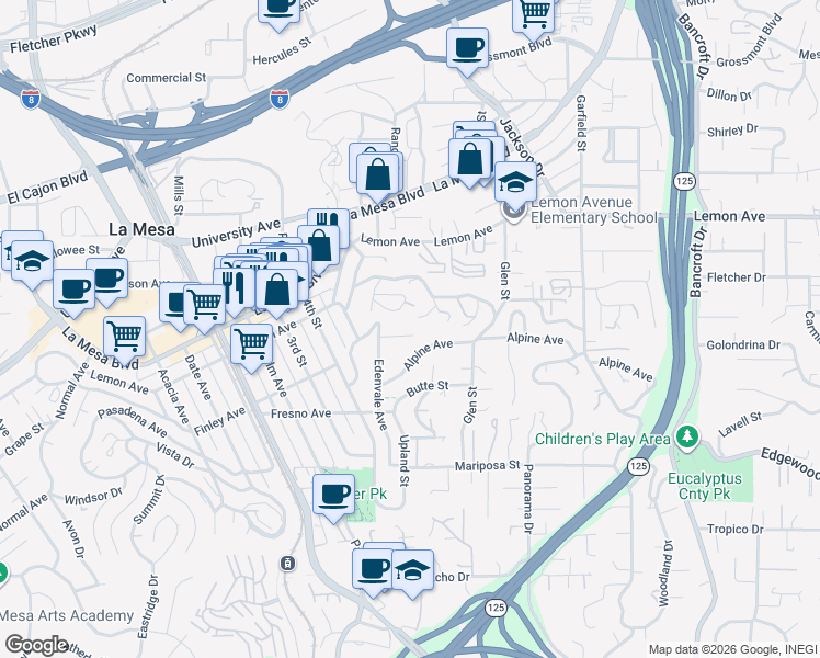 map of restaurants, bars, coffee shops, grocery stores, and more near 8560 Sunrise Avenue in La Mesa