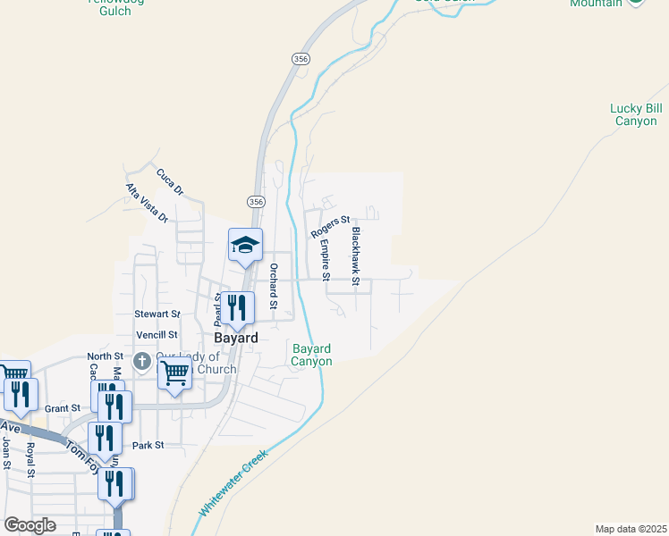 map of restaurants, bars, coffee shops, grocery stores, and more near 803 Watson Street in Bayard