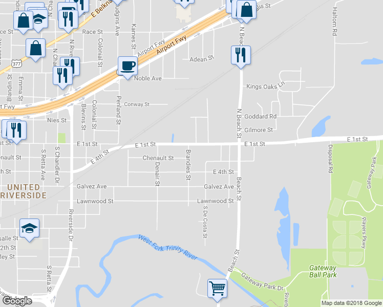 map of restaurants, bars, coffee shops, grocery stores, and more near 3800 East 1st Street in Fort Worth