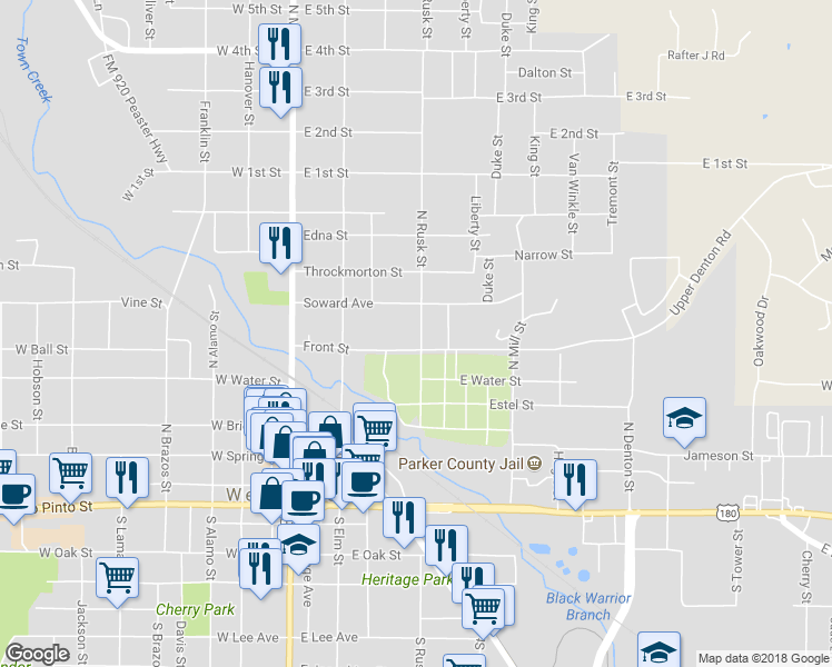 map of restaurants, bars, coffee shops, grocery stores, and more near 507 North Rusk Street in Weatherford