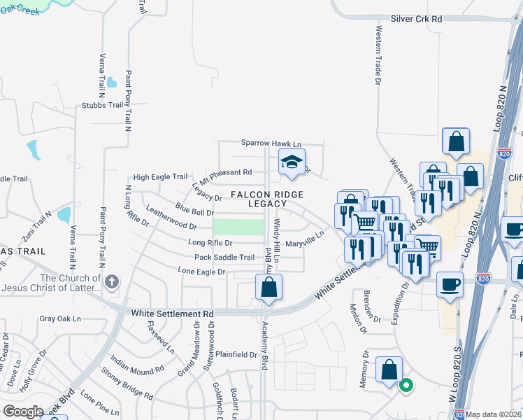 map of restaurants, bars, coffee shops, grocery stores, and more near 9900 Blue Bell Drive in Fort Worth