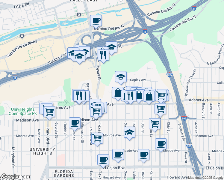 map of restaurants, bars, coffee shops, grocery stores, and more near 9488 Arizona Street in San Diego