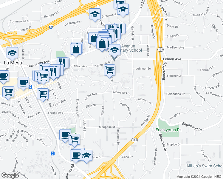 map of restaurants, bars, coffee shops, grocery stores, and more near 4716 Mission Bell Lane in La Mesa