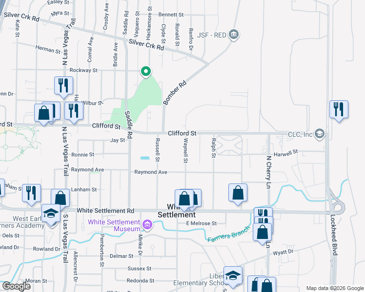 map of restaurants, bars, coffee shops, grocery stores, and more near 409 Waynell Street in White Settlement