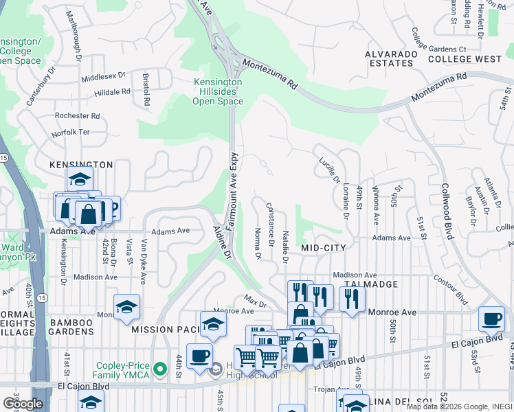 map of restaurants, bars, coffee shops, grocery stores, and more near 4738 Norma Drive in San Diego