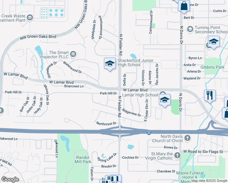 map of restaurants, bars, coffee shops, grocery stores, and more near 1705 Park Hill Drive in Arlington