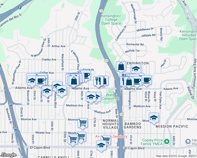map of restaurants, bars, coffee shops, grocery stores, and more near 3819 Belmont Avenue in San Diego