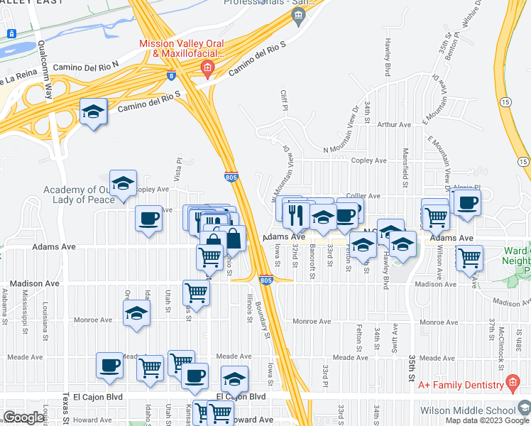 map of restaurants, bars, coffee shops, grocery stores, and more near 4718 Kenmore Terrace in San Diego